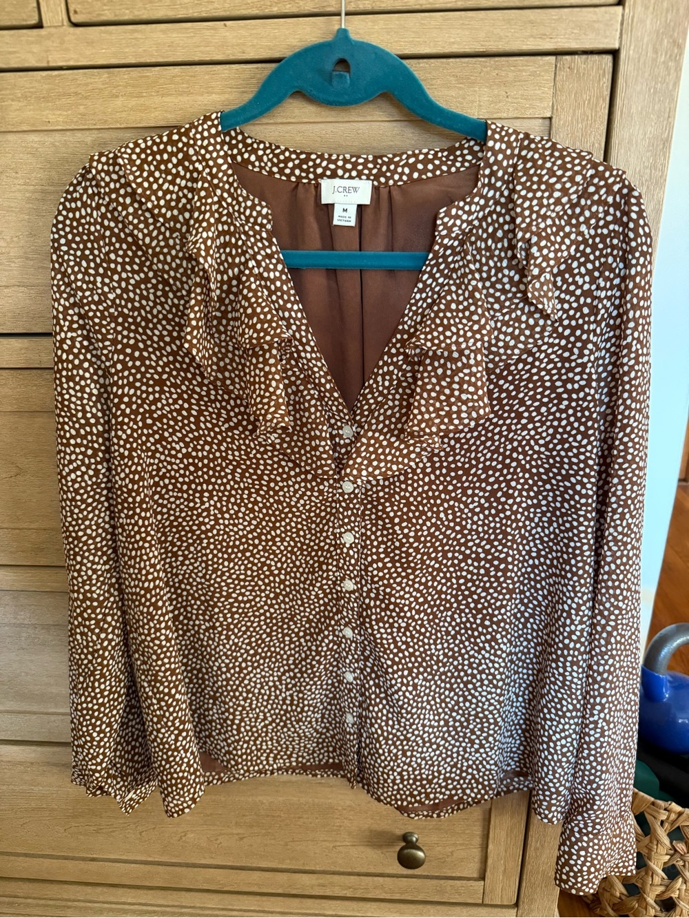 J. Crew Brown and White Dot-Print Ruffle V-Neck Blouse
